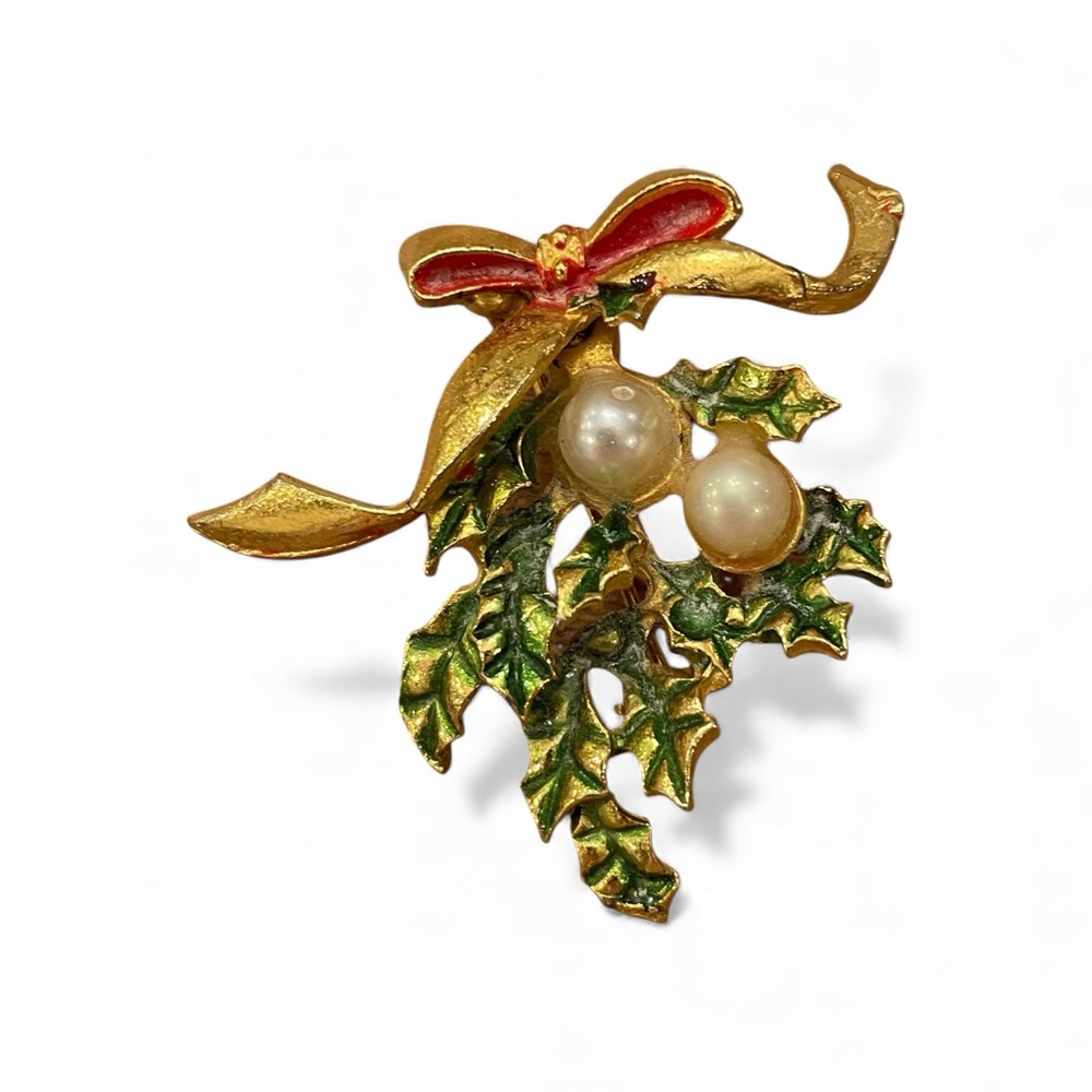Christmas Brooch Holly Gold Tone Red‎ Bow Faux Pearls Festive